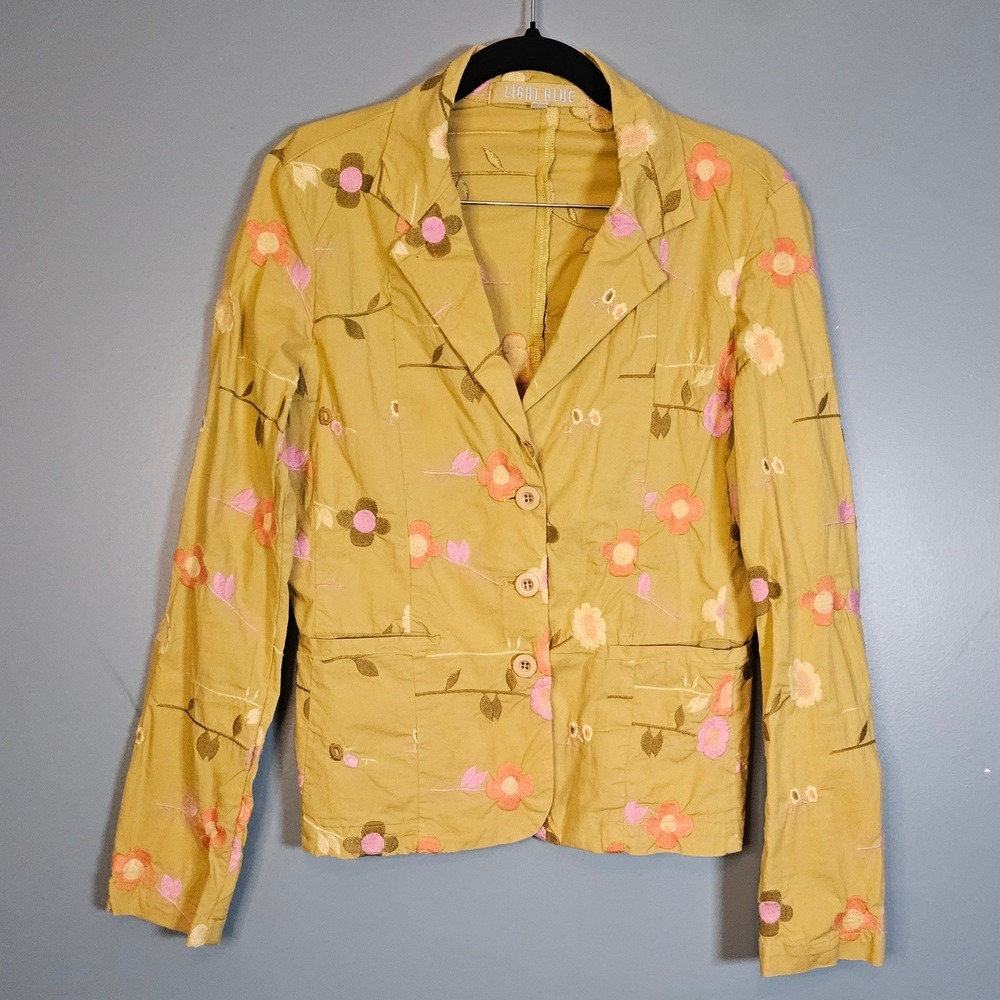 LIGHT BLUE Women's Embroidered Floral Blazer Jacket Mustard Yellow Size S